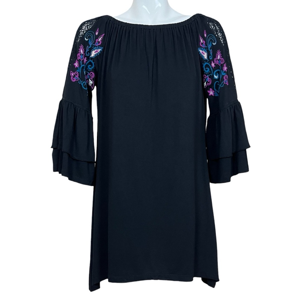 NY Collection Black Embroidered Lace Ruffle Sleeve Tunic Top Large NWT - Picture 2 of 13